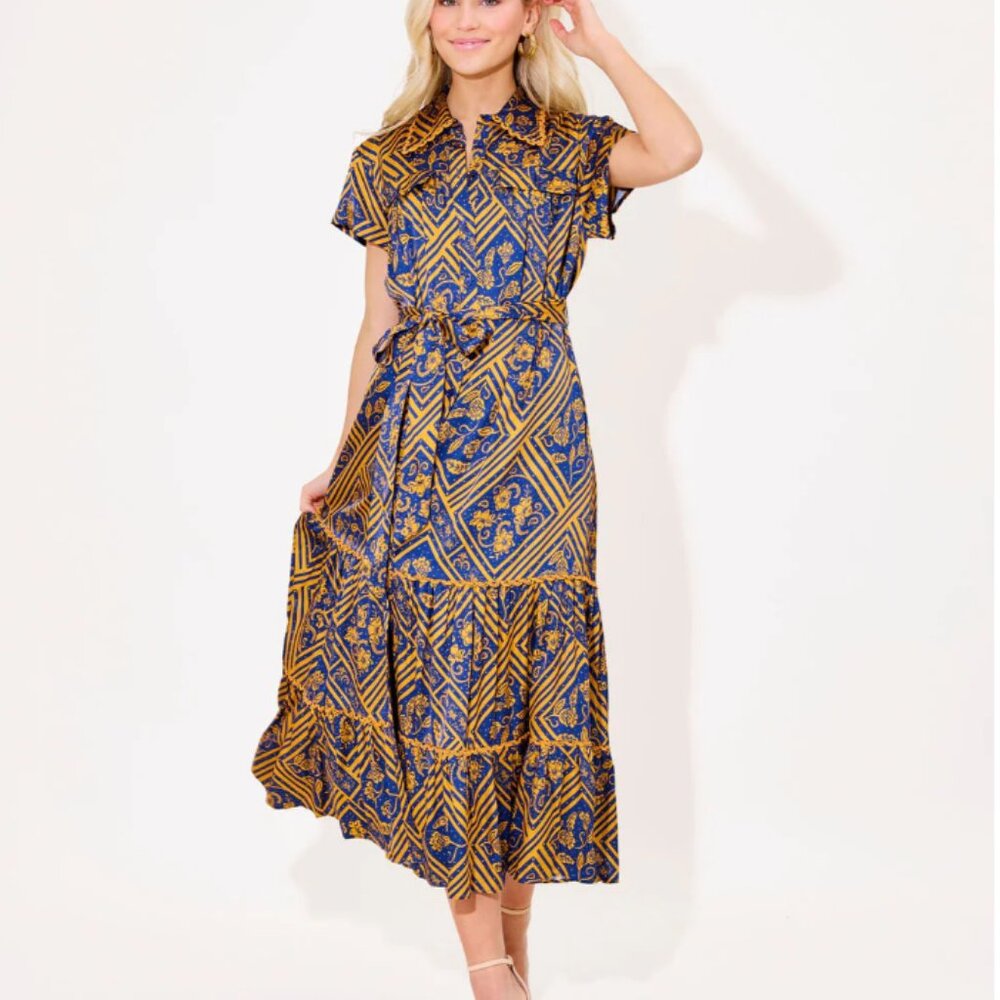 Geometric Patterned Blue and Gold Dress